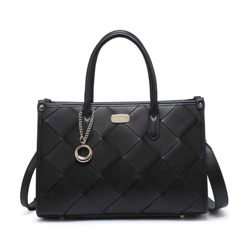 Cocoberry Black Checkered Pattern Handbag with Ring Pendant