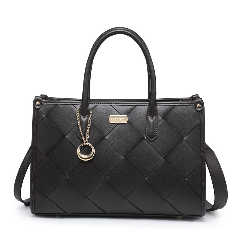 Cocoberry Black Checkered Pattern Handbag with Ring Pendant