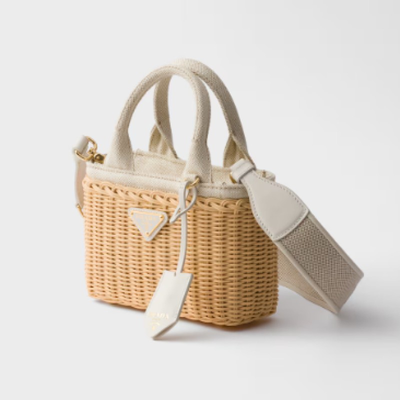 Mini wicker and linen blend tote bag gallery image 2